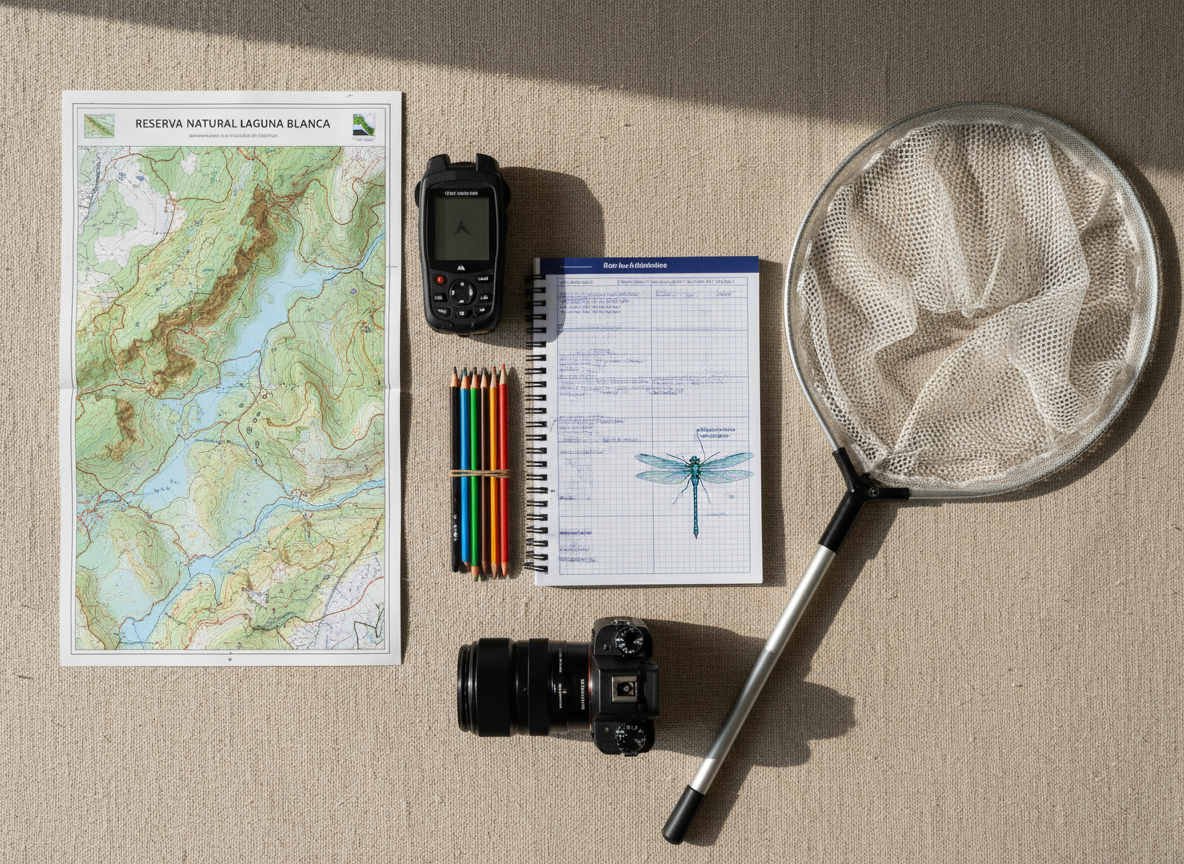 A photographic realism top-down view of a carefully arranged odonatology field kit on a neutral, slightly textured canvas surface. Items include a folded topographic map of a Latin American wetland, a GPS device, waterproof field notebook open to neatly written species records, colored pencils, a compact camera with a macro lens, and an empty, fine-mesh insect net lying diagonally across the frame. A single, detailed dragonfly illustration is visible on the notebook page, annotated with arrows and Latin terminology. Soft window light from the left creates gentle directional shadows that define each object without feeling dramatic. The composition is balanced and aesthetically tidy, emphasizing organization, professionalism, and readiness for scientific field surveys and citizen science activities.